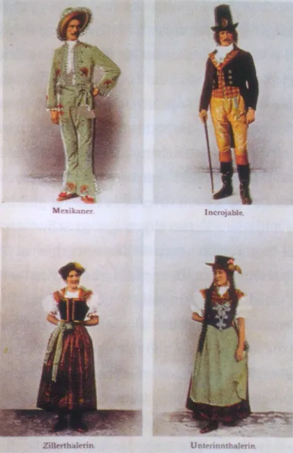 Man en vrouw in traditionele kleding gezeten in een fotostudio, 1885