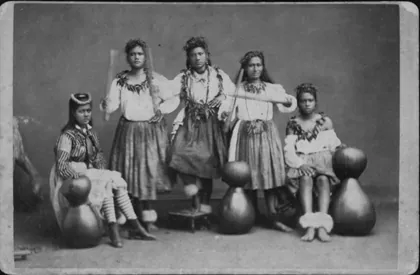 Five of Ioane Ukeke's hula dancers, photograph by A. A. Montano (a-006), 1876
